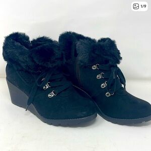 Torrid Black Suede-Like Fur Wedged Heel Ankle Bootie Size 8WW
